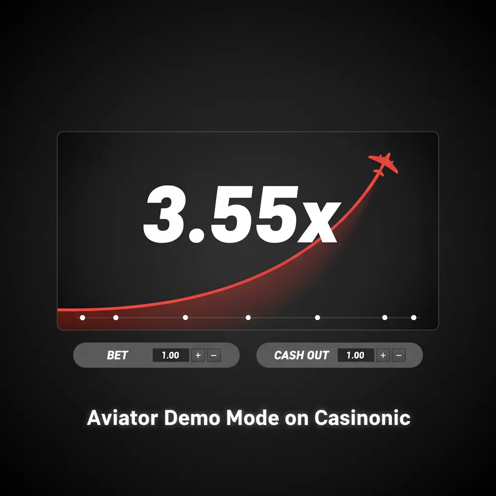 Aviator demo mode on Casinonic showing rising plane multiplier, virtual credits, practice play without real money risk.