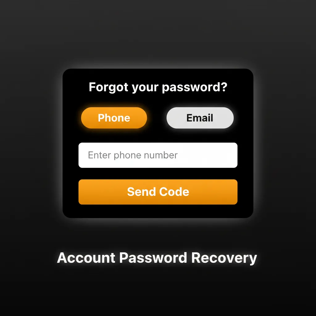 Account Password Recovery guide: click Forgot Password, reset via email link or SMS code, then set a new password.