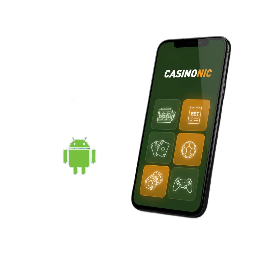 Casinonic Android app screen showing install steps and quick access to betting markets, slots, and live tables in Australia.