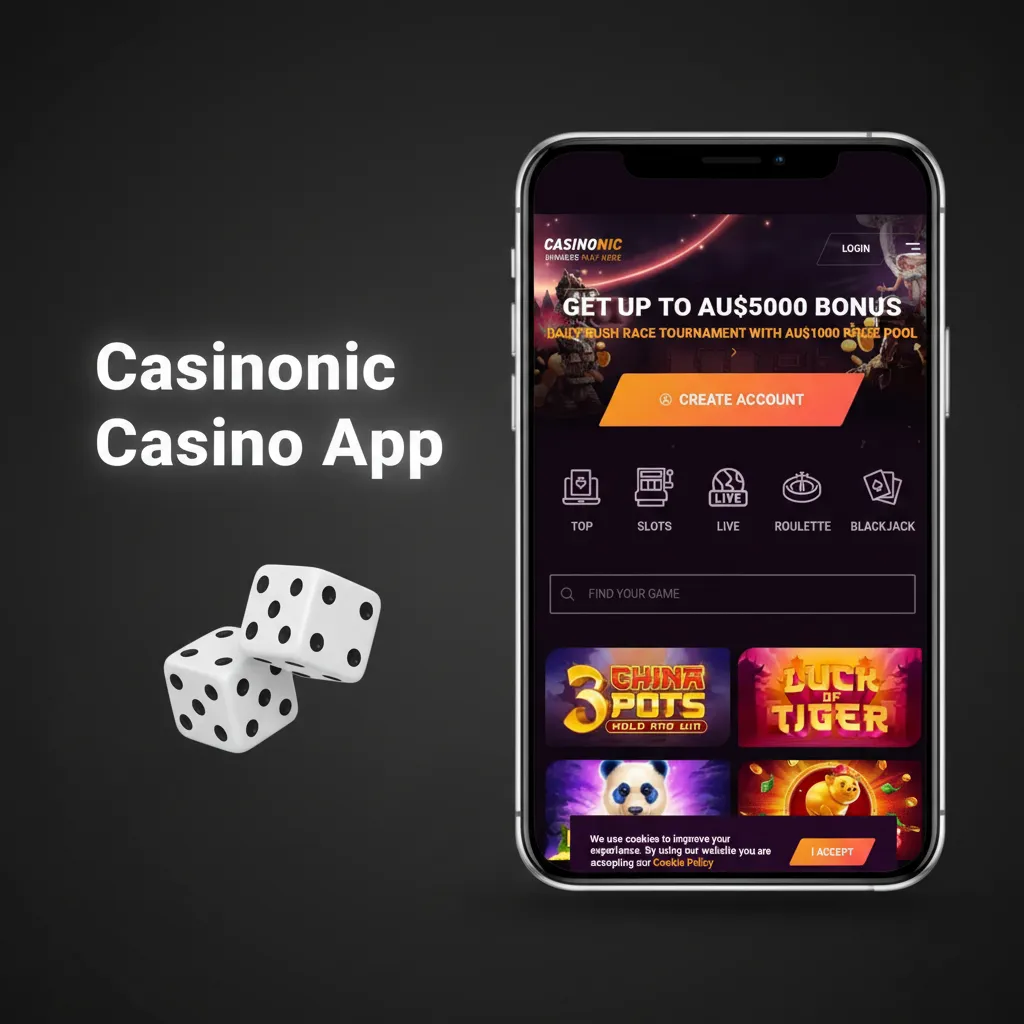 Casinonic Casino App home with Casino/Sports tabs, live dealer games in HD, slots, and a Promotions area.