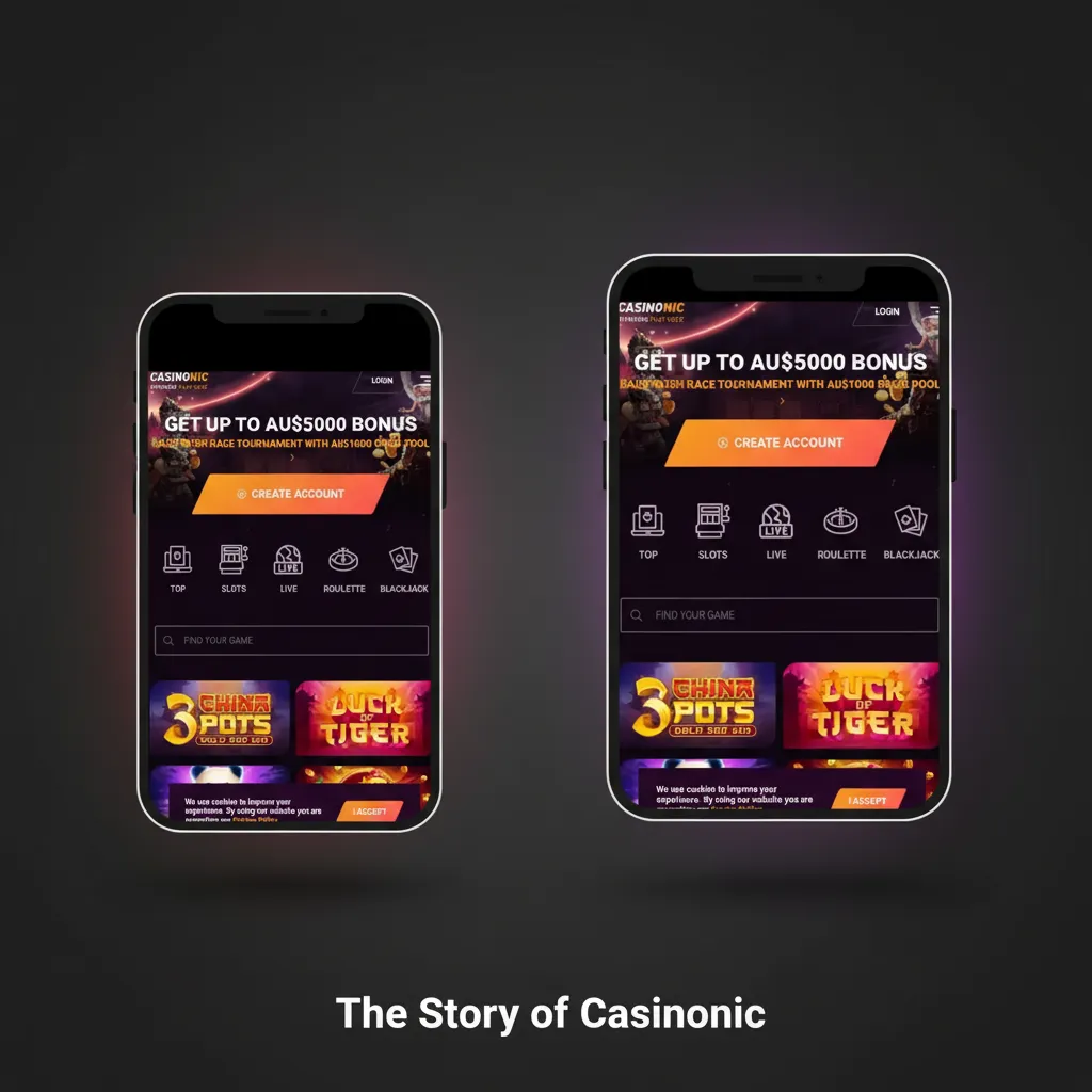 Casinonic story graphic showing licensed, audited games, Australian focus, history timeline, and promos for pokies and sports